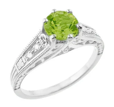 Filigree Peridot and Diamond Art Deco Engagement Ring in 14 Karat White Gold