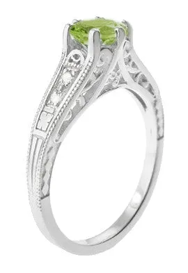 Filigree Peridot and Diamond Art Deco Engagement Ring in 14 Karat White Gold
