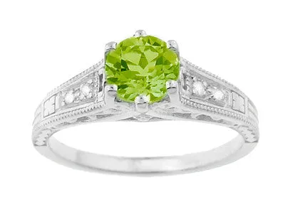 Filigree Peridot and Diamond Art Deco Engagement Ring in 14 Karat White Gold