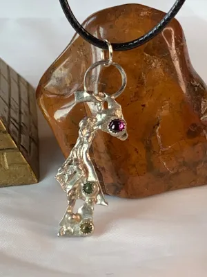 Garnet Peridot Sterling Silver Pendant Geometric Design Fused Design