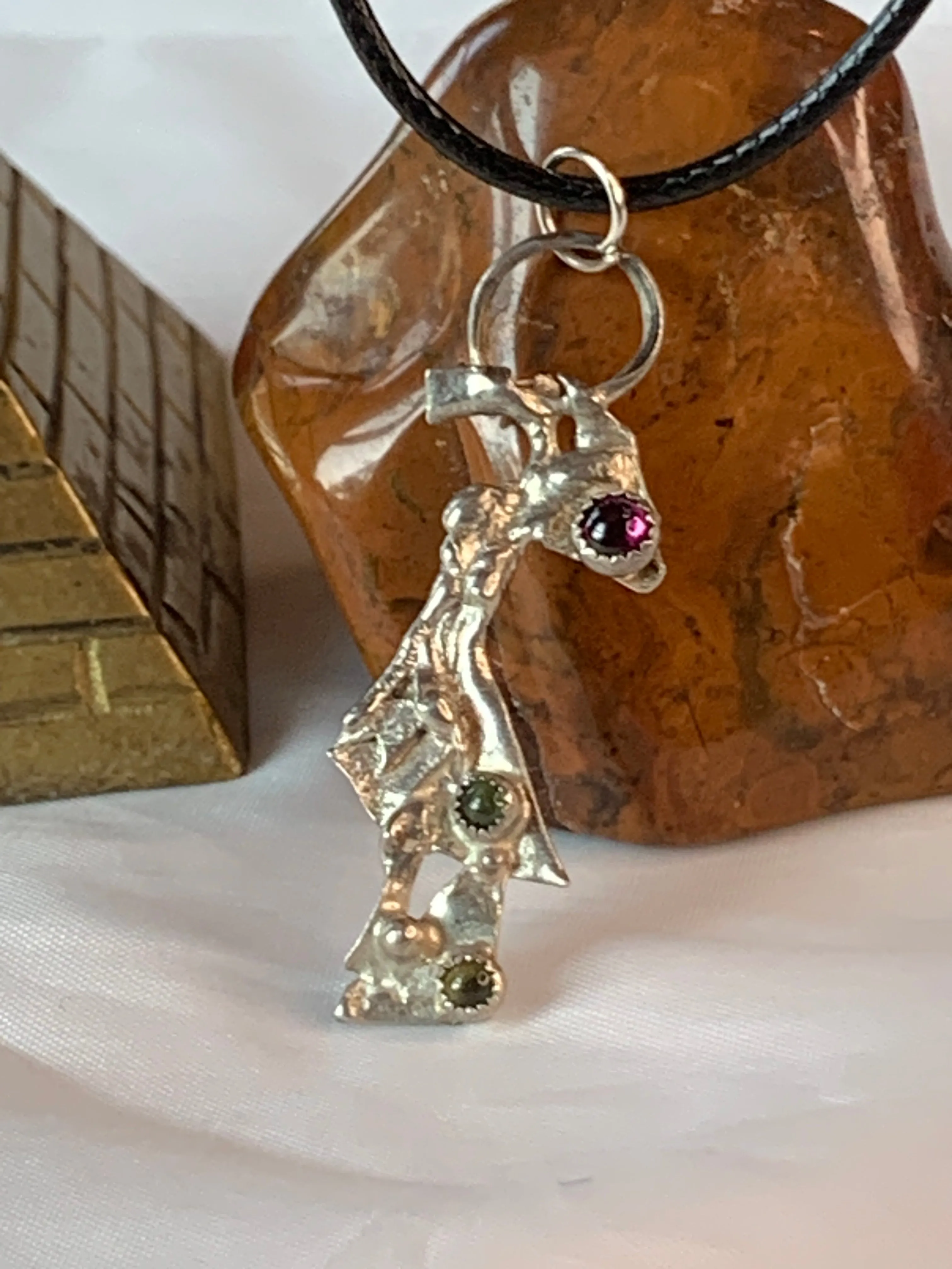 Garnet Peridot Sterling Silver Pendant Geometric Design Fused Design