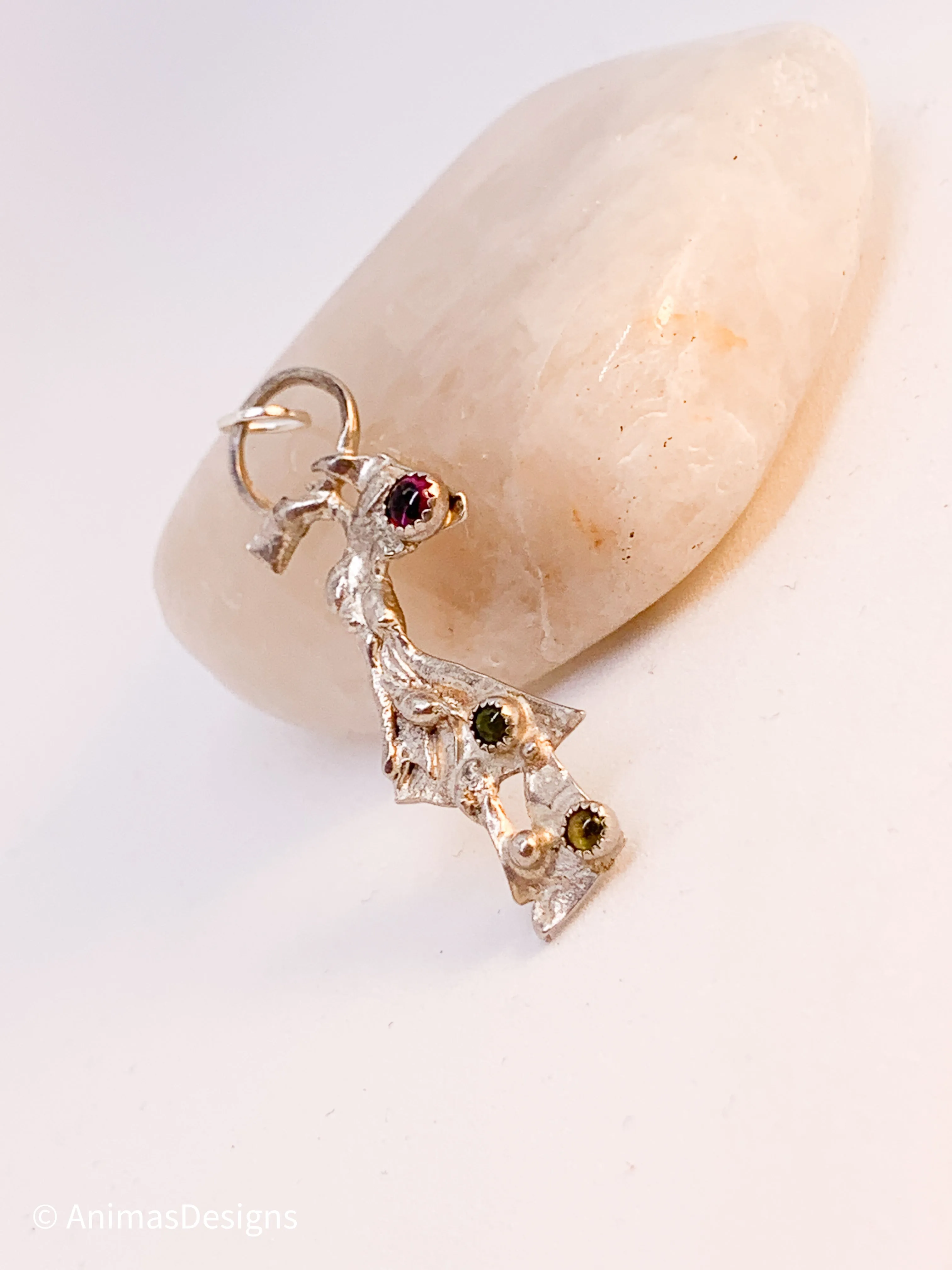 Garnet Peridot Sterling Silver Pendant Geometric Design Fused Design