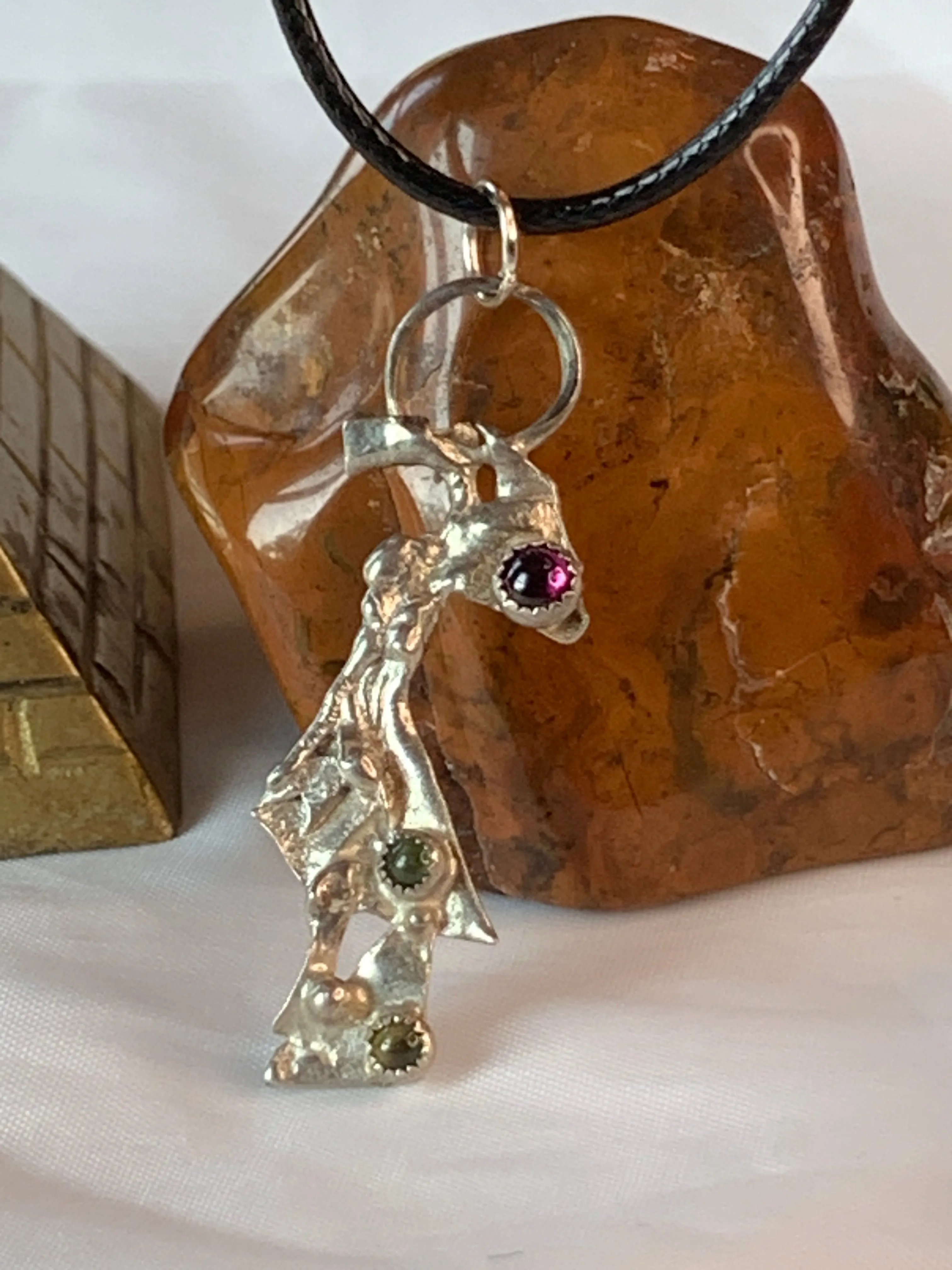 Garnet Peridot Sterling Silver Pendant Geometric Design Fused Design