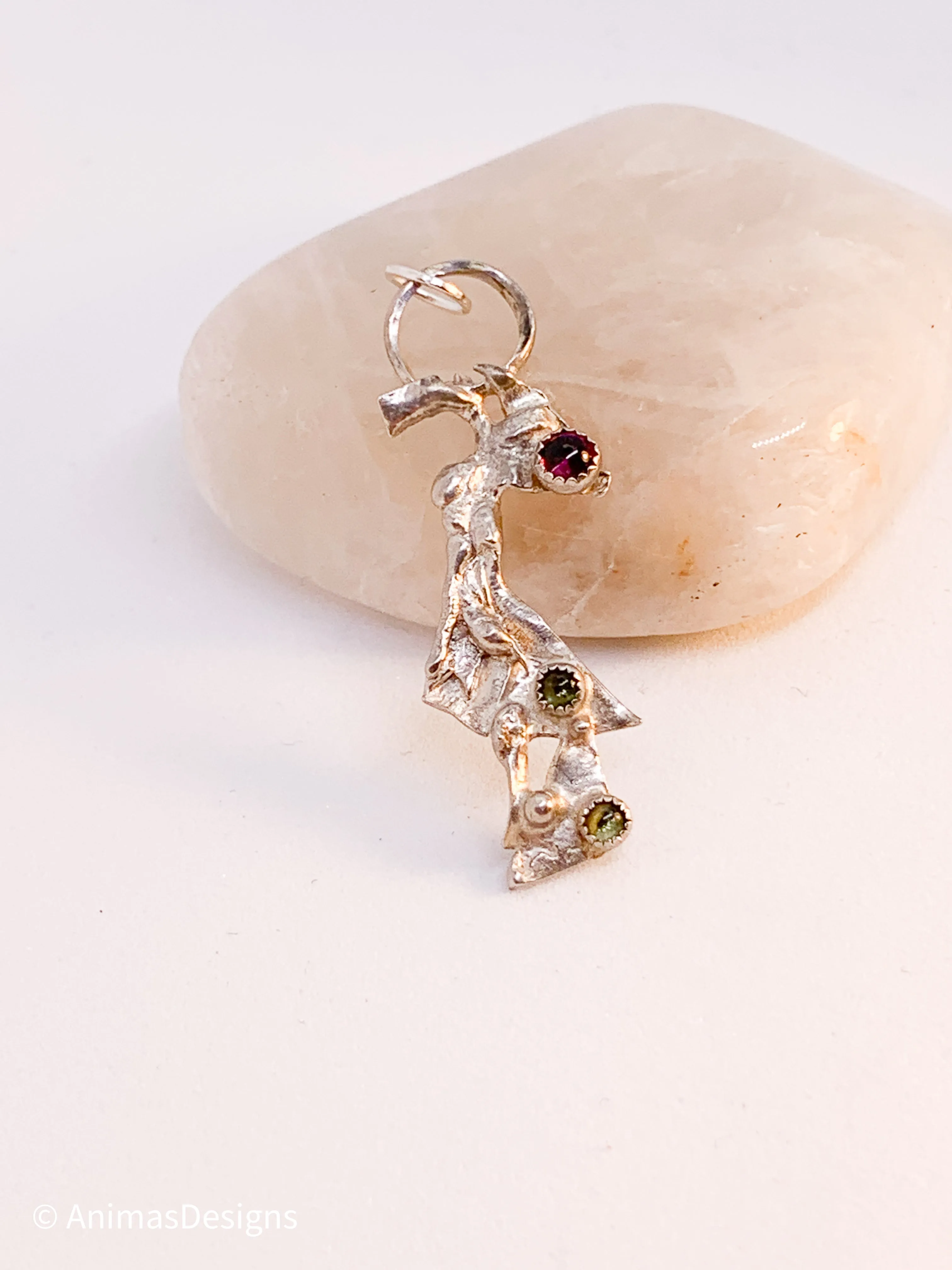 Garnet Peridot Sterling Silver Pendant Geometric Design Fused Design