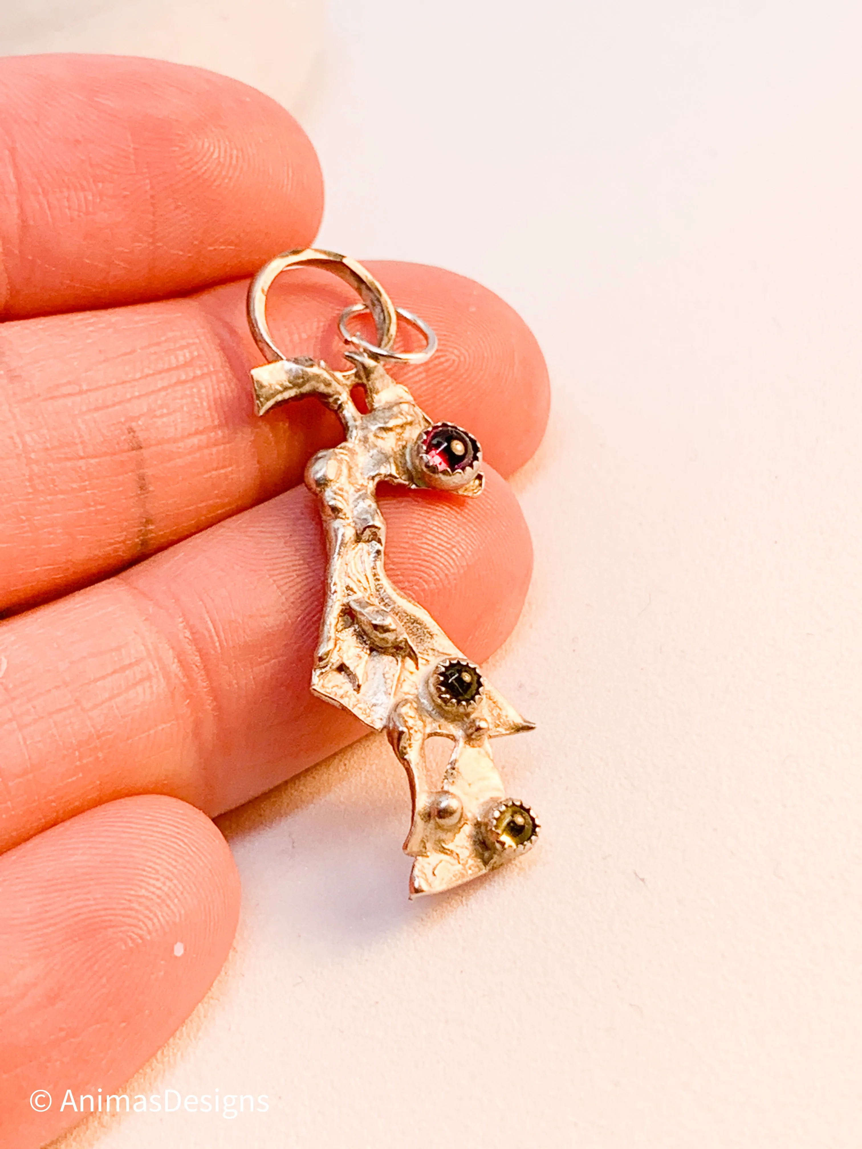 Garnet Peridot Sterling Silver Pendant Geometric Design Fused Design