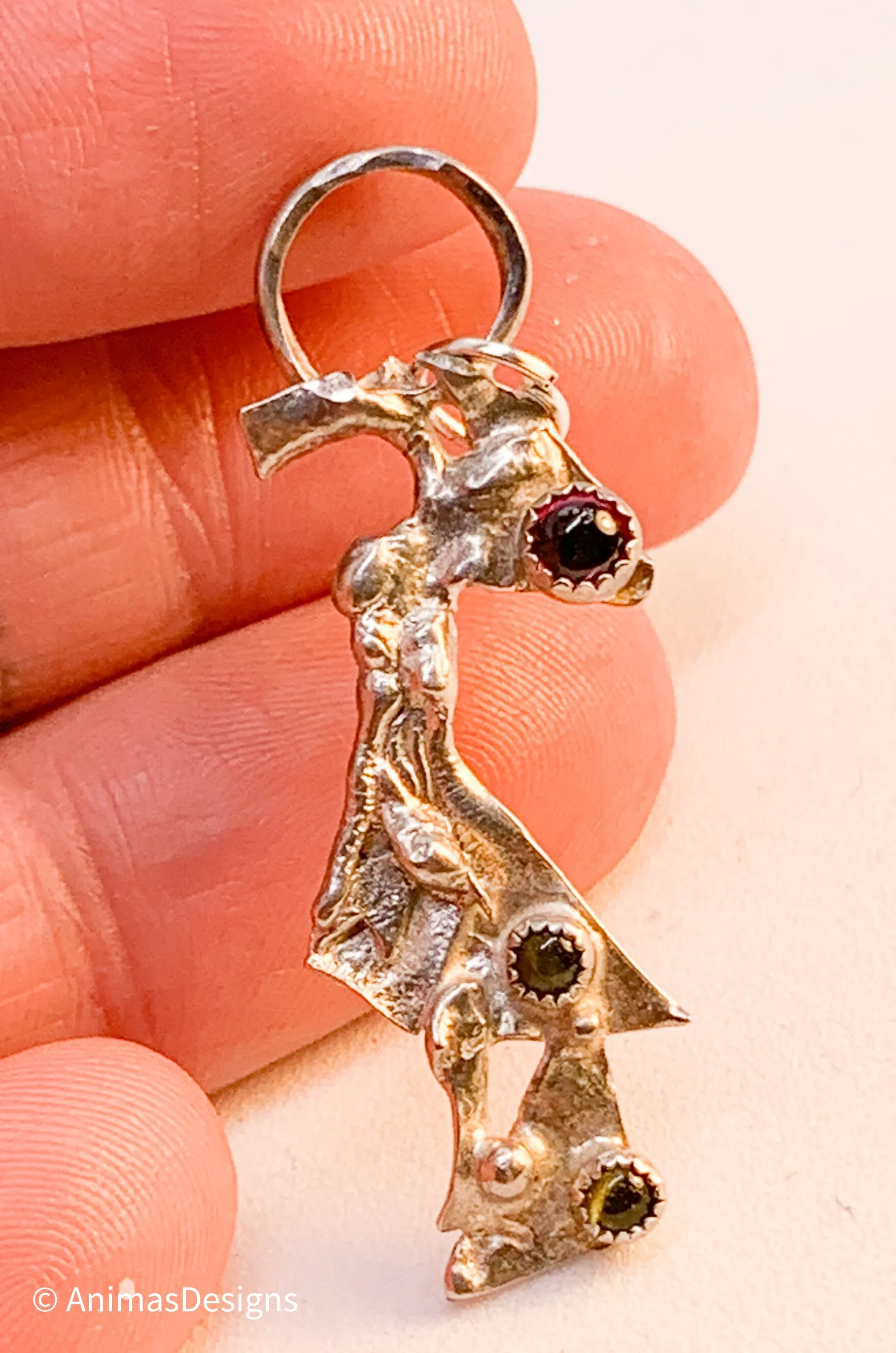 Garnet Peridot Sterling Silver Pendant Geometric Design Fused Design