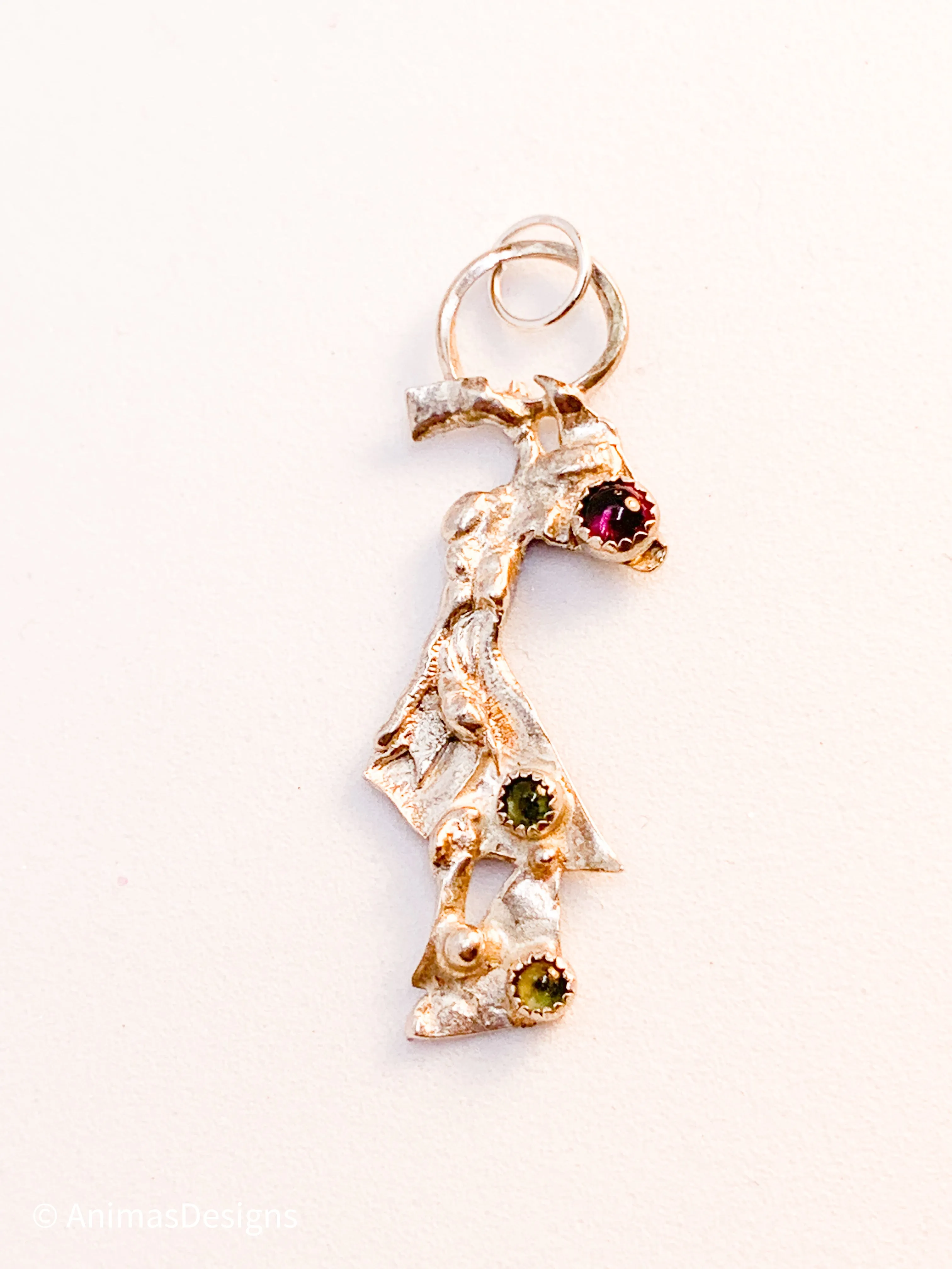 Garnet Peridot Sterling Silver Pendant Geometric Design Fused Design