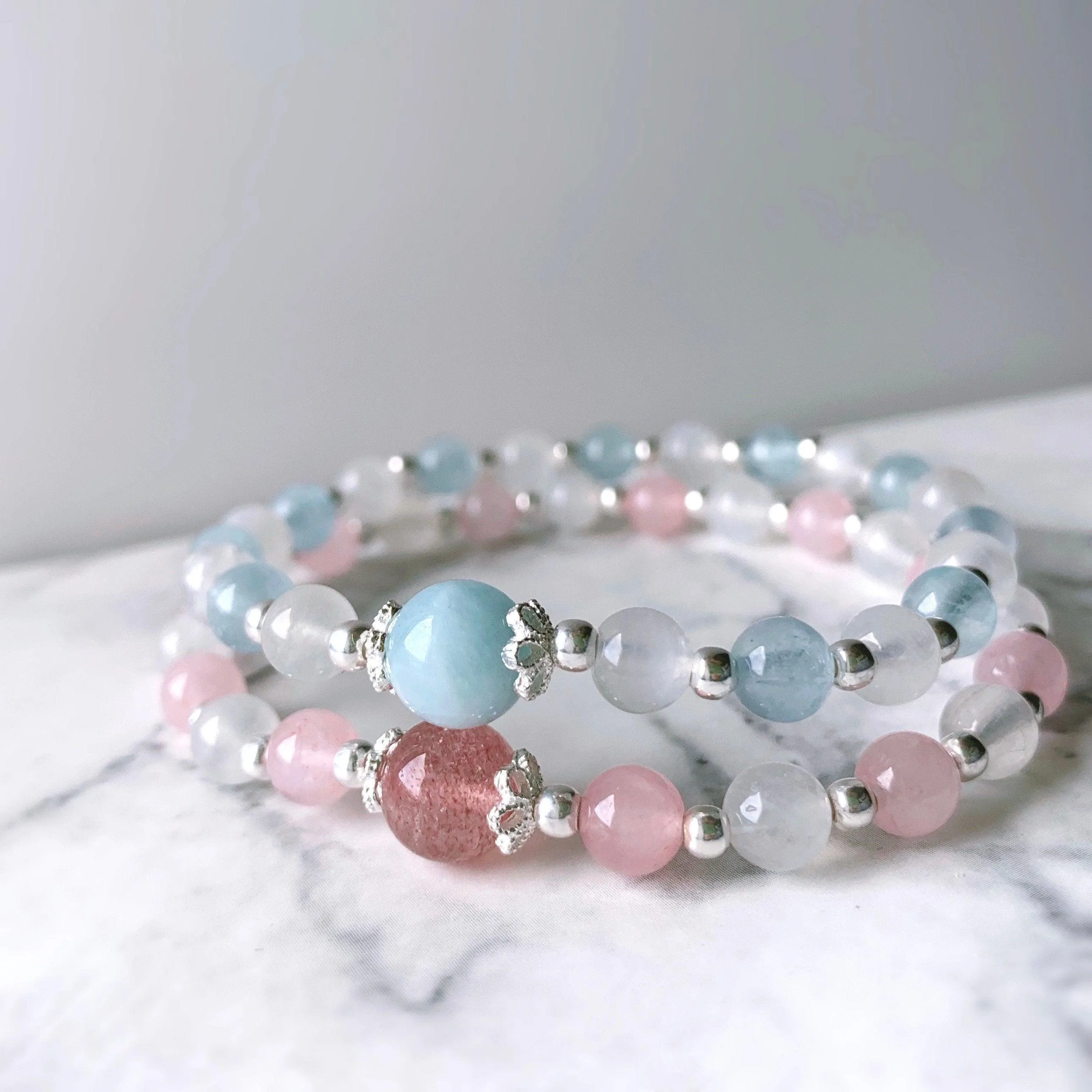 Gemstone Crystal Bracelet (Aquamarine / Rose Quartz )