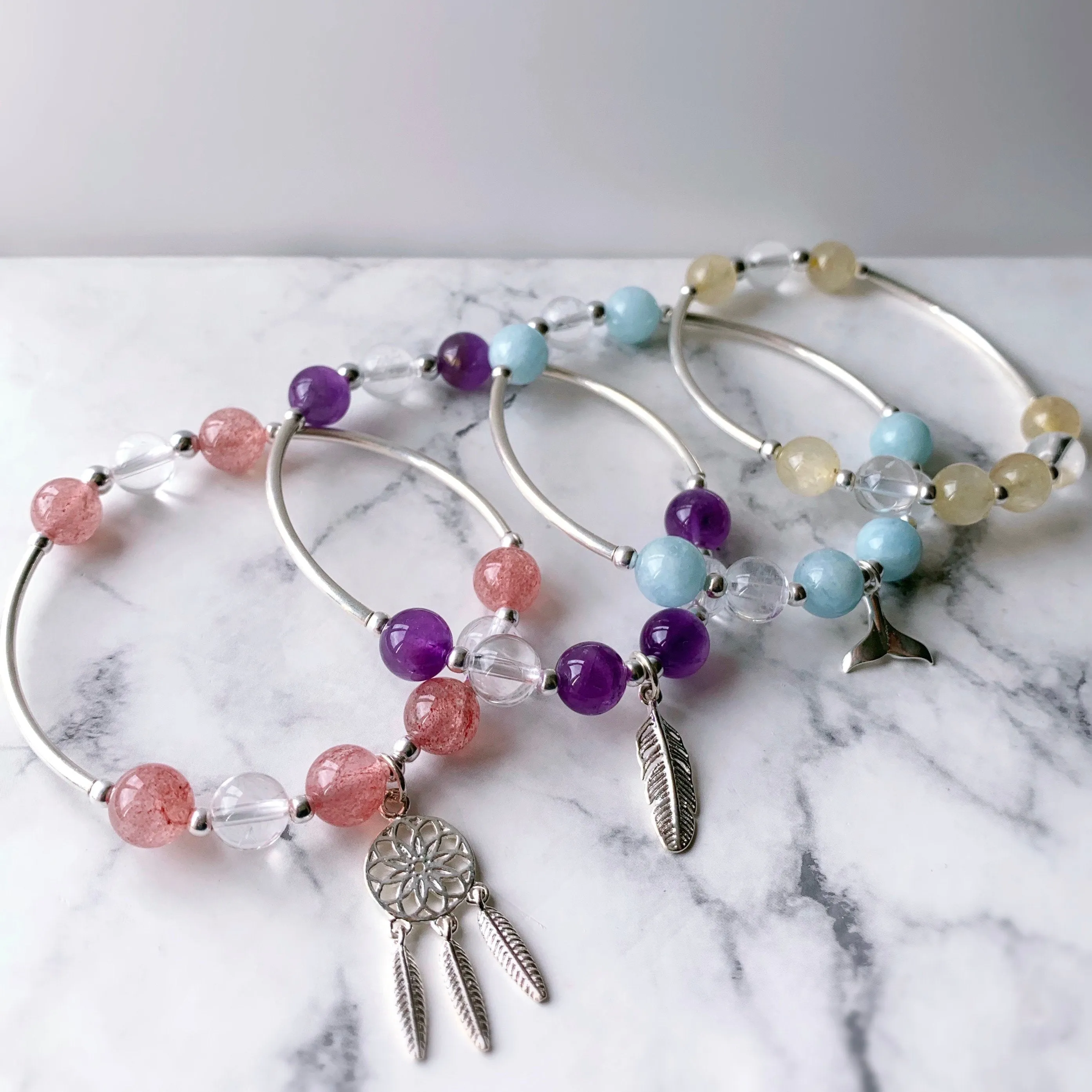 Gemstone Healing Silver Tube Bracelet (4 Colours)