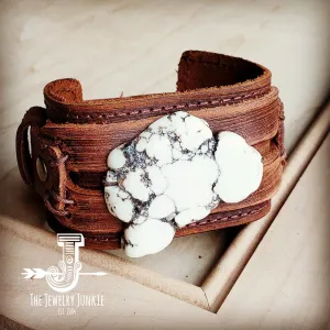 Genuine Leather Wide Cuff with White Turquoise Slab 230Y