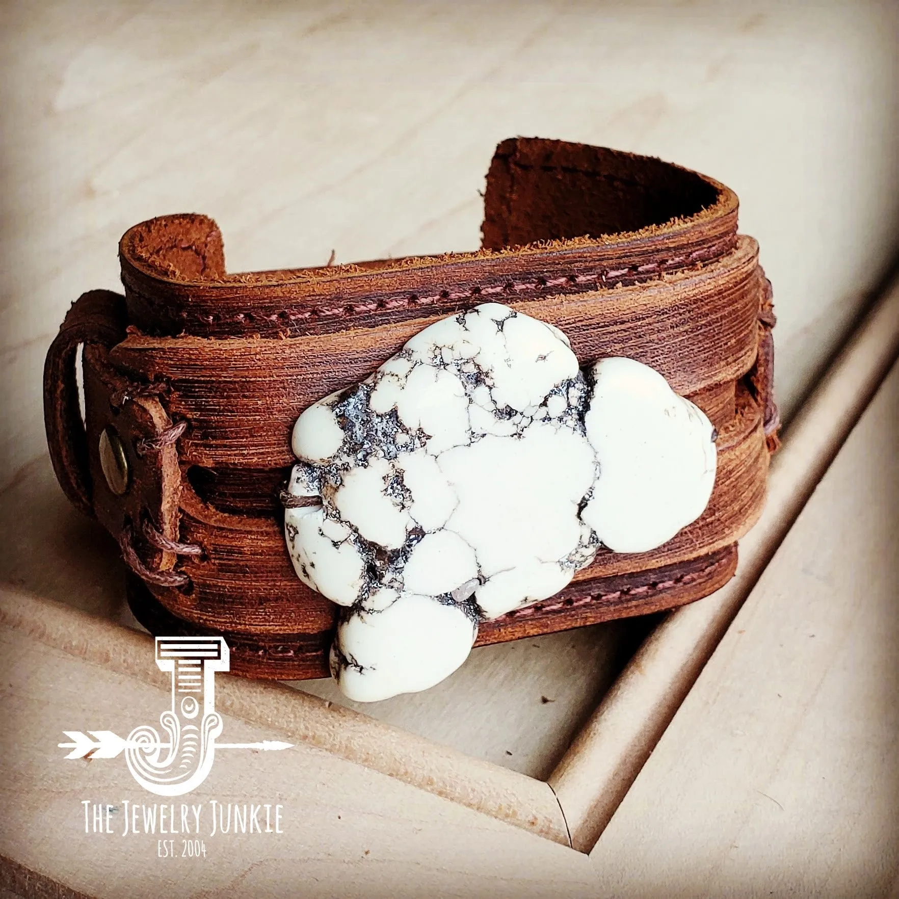 Genuine Leather Wide Cuff with White Turquoise Slab 230Y