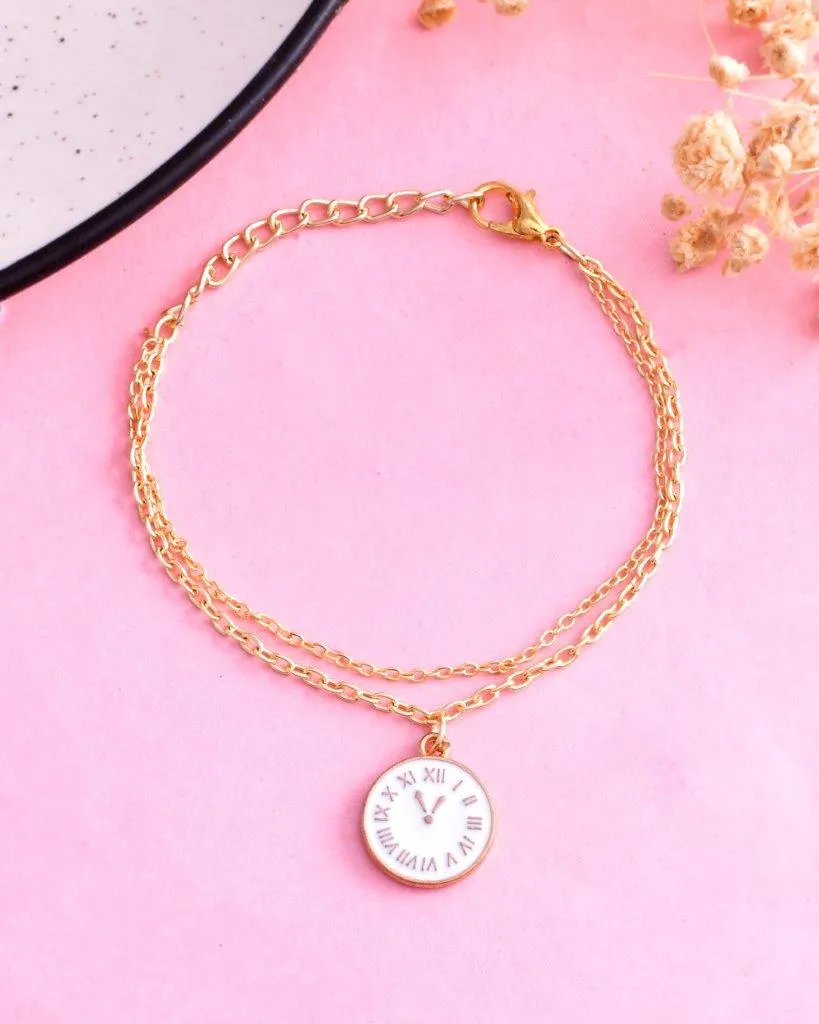 Gold Plated White Clock Charm Bracelet - Voj