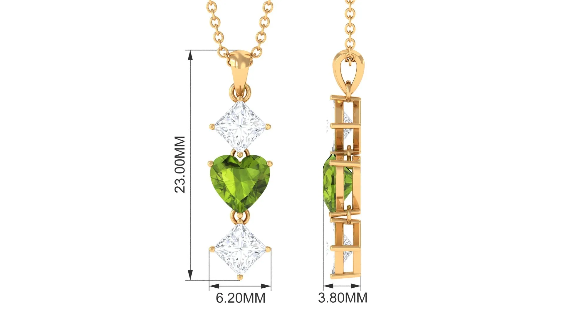 Heart Shape Peridot Drop Pendant with Princess Cut Moissanite