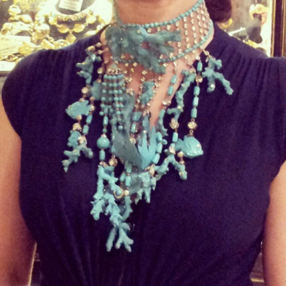 Huge Carlo Zini Choker Statement Necklace in Turquoise Coral with Fish
