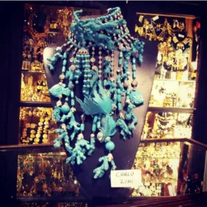 Huge Carlo Zini Choker Statement Necklace in Turquoise Coral with Fish