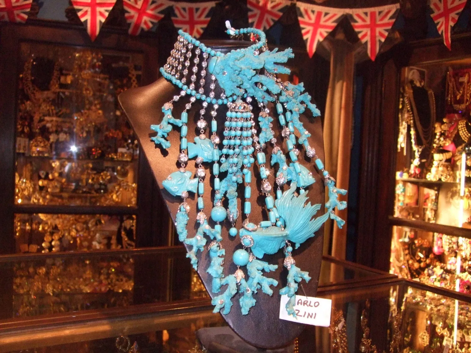 Huge Carlo Zini Choker Statement Necklace in Turquoise Coral with Fish