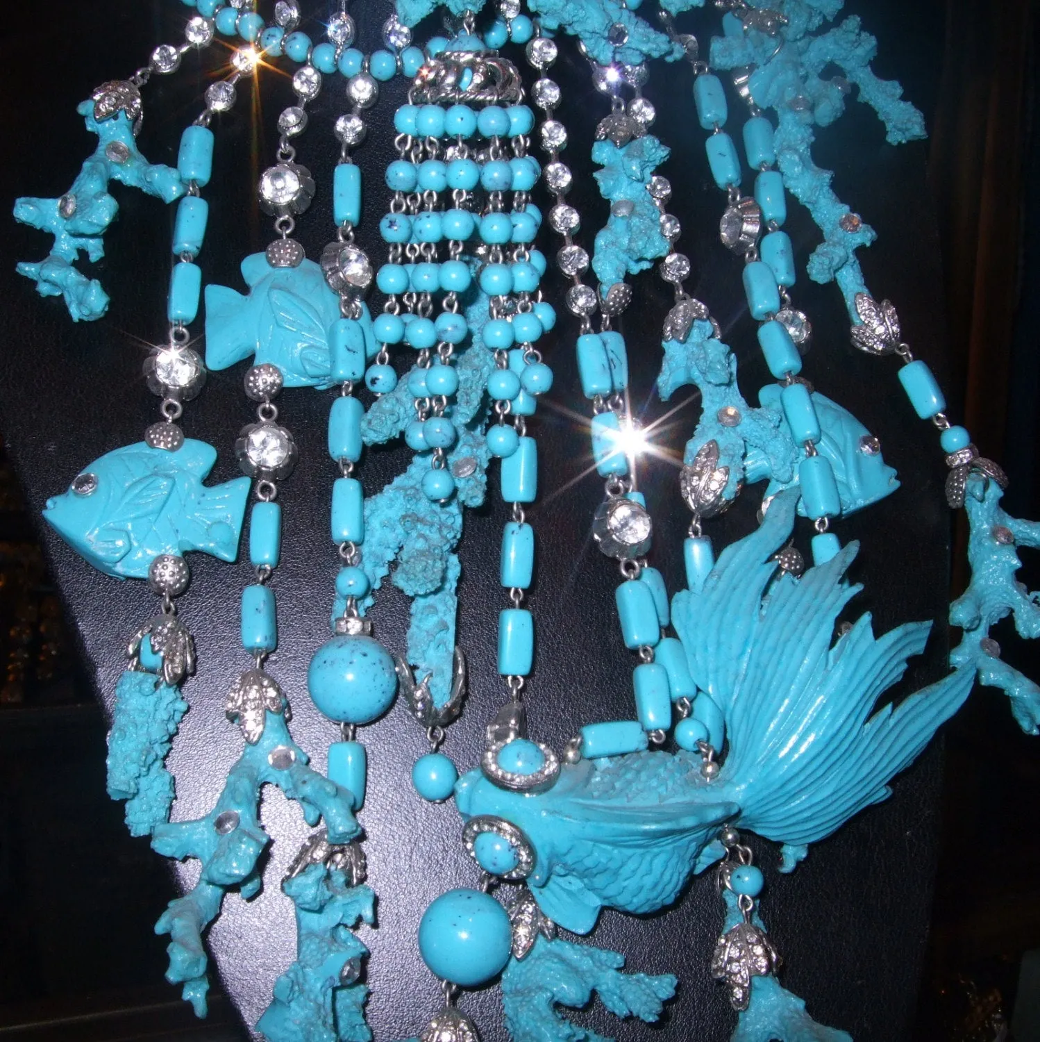 Huge Carlo Zini Choker Statement Necklace in Turquoise Coral with Fish