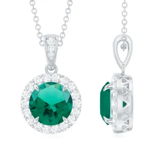 Lab Grown Emerald Pendant Necklace With Moissanite Halo