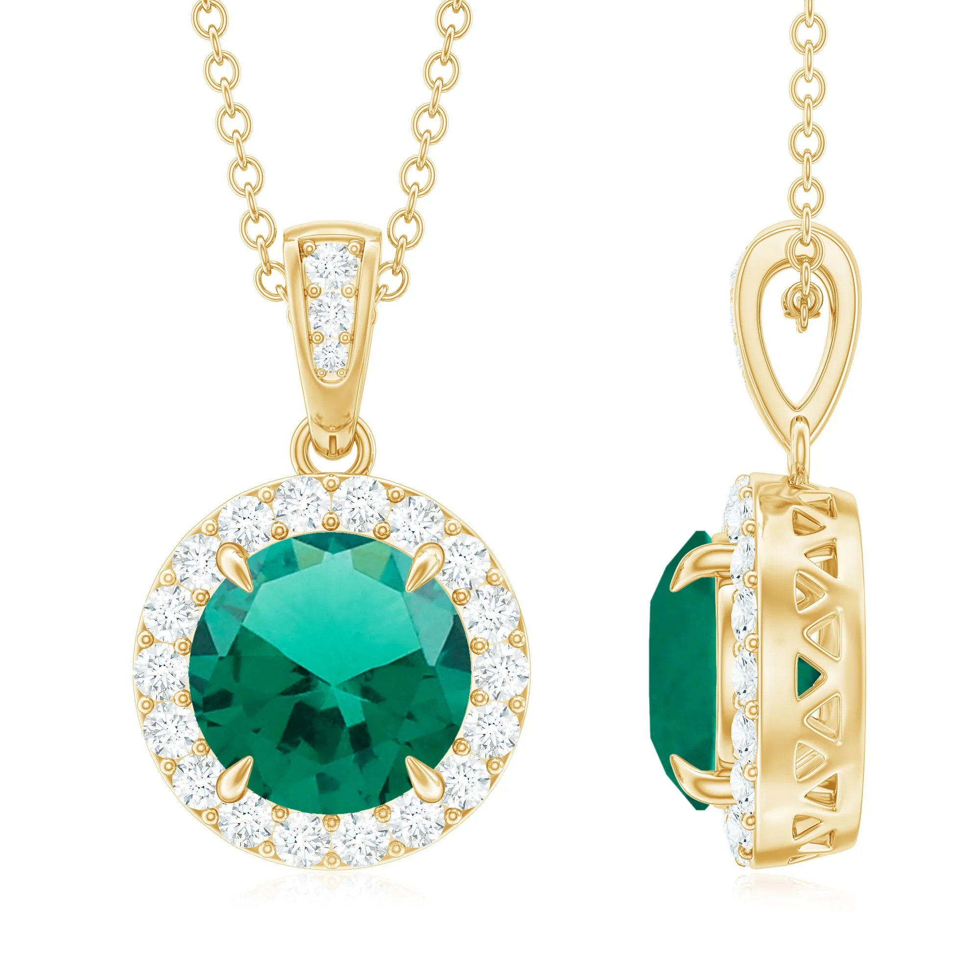 Lab Grown Emerald Pendant Necklace With Moissanite Halo