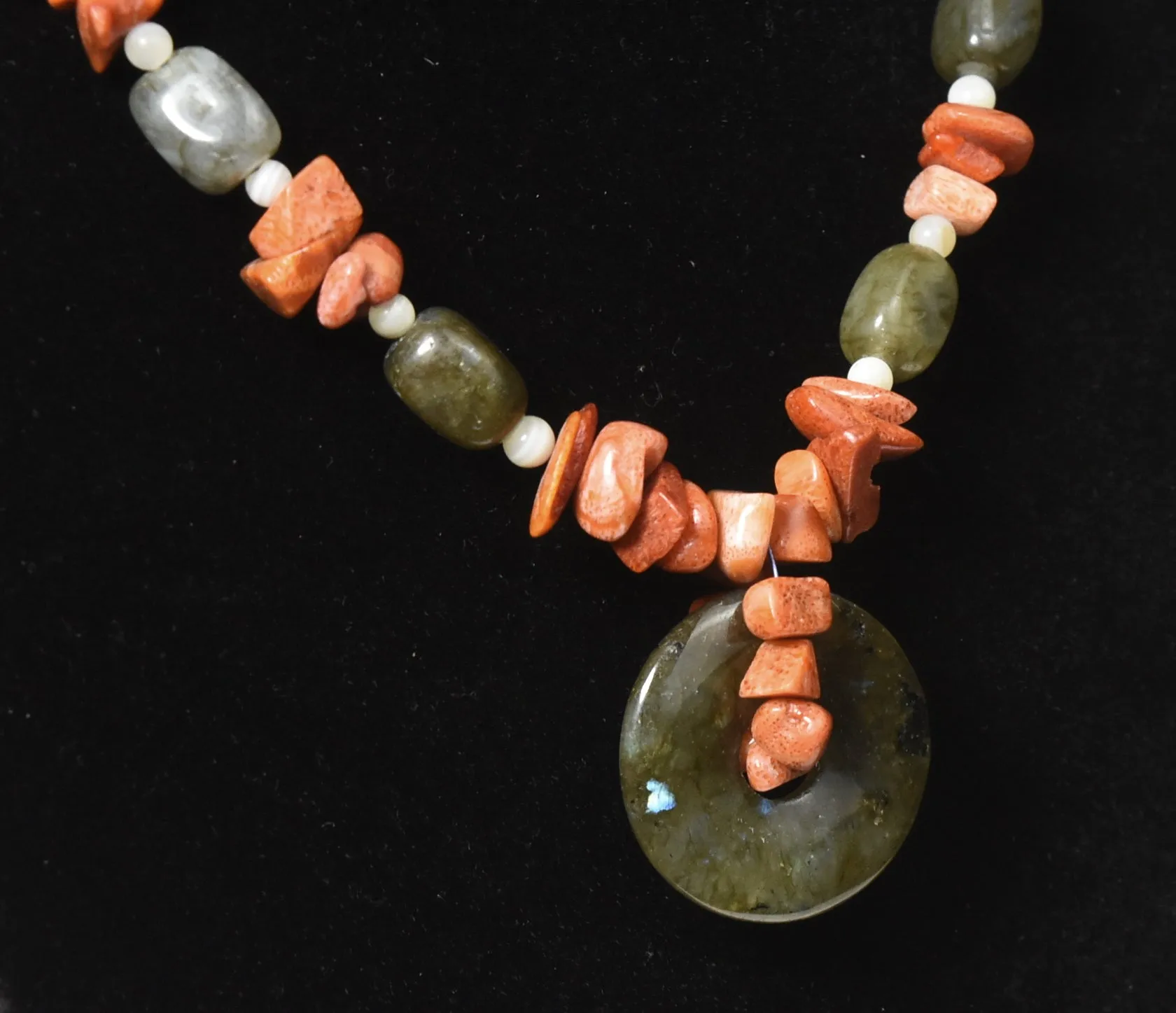 Labradorite, Red Coral, White Onyx Necklace