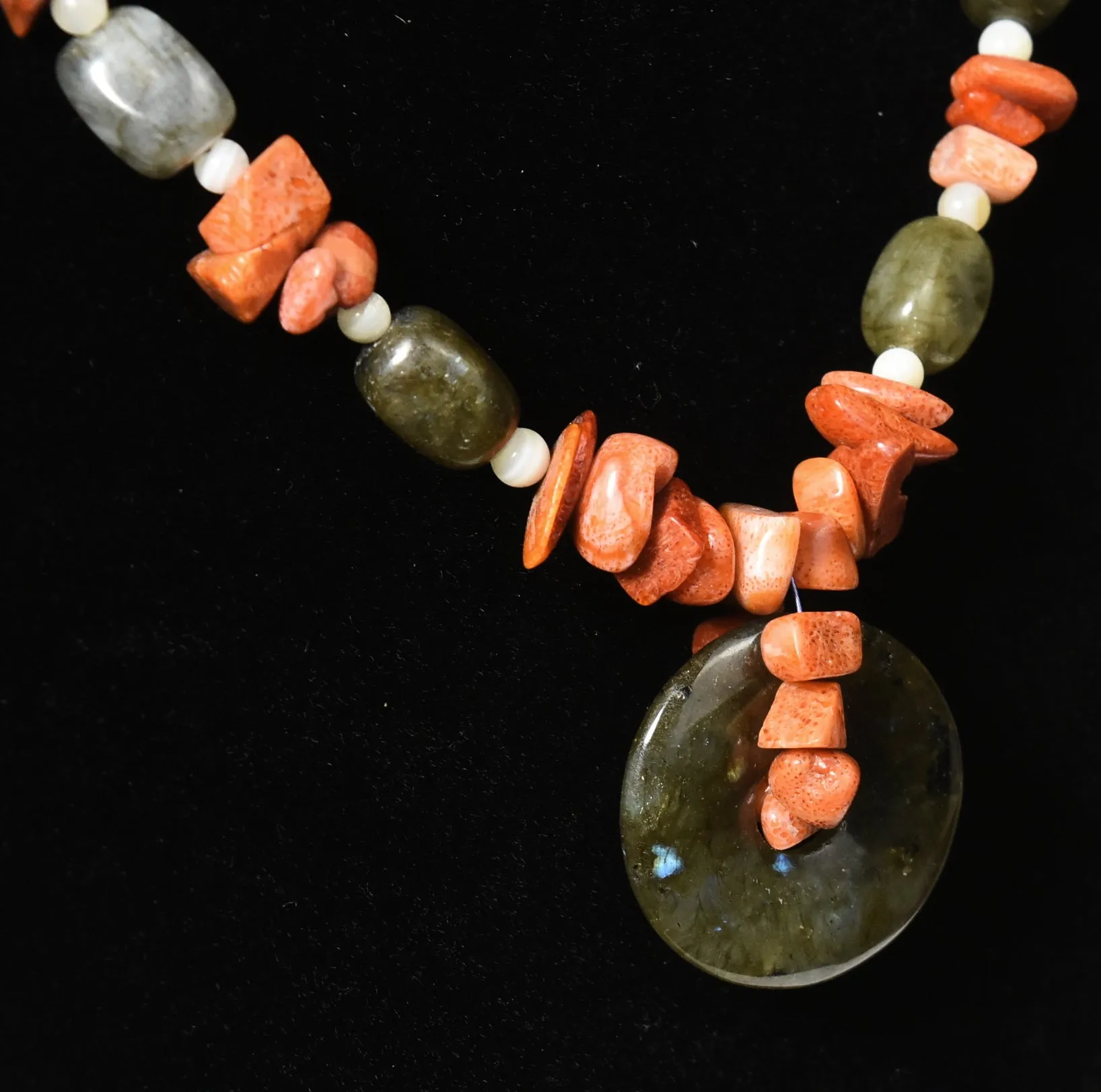 Labradorite, Red Coral, White Onyx Necklace