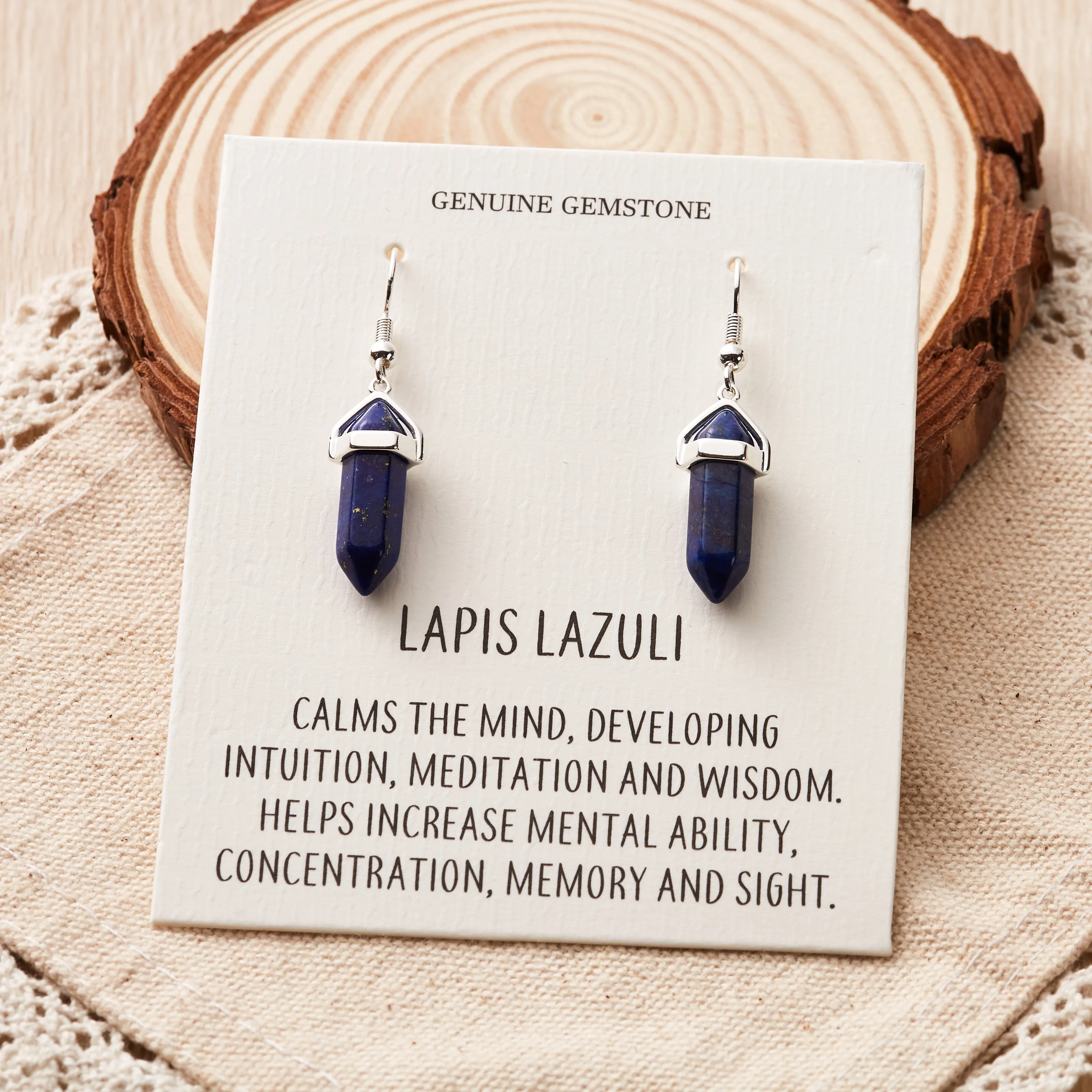 Lapis Gemstone Drop Earrings with Quote Card