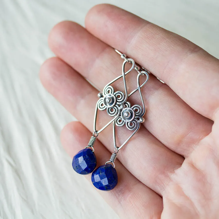Long Elegant Lapis Lazuli Earrings, Sterling Silver Metalwork