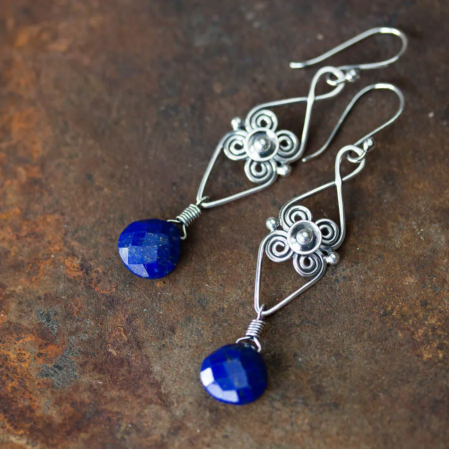 Long Elegant Lapis Lazuli Earrings, Sterling Silver Metalwork