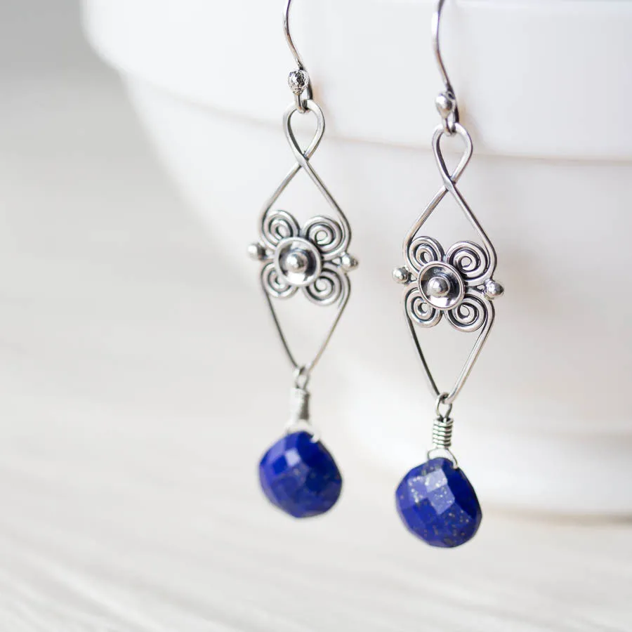 Long Elegant Lapis Lazuli Earrings, Sterling Silver Metalwork