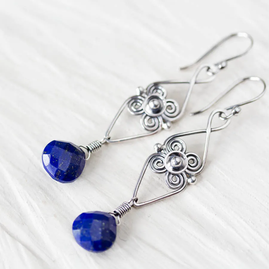 Long Elegant Lapis Lazuli Earrings, Sterling Silver Metalwork