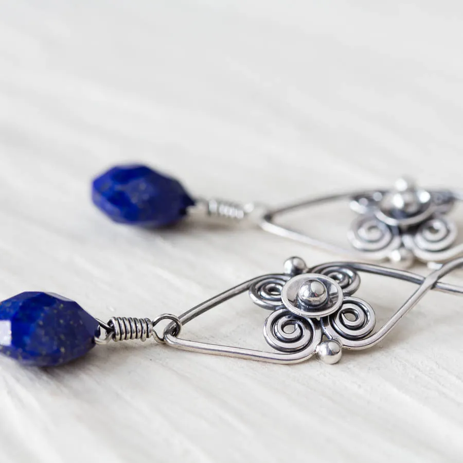 Long Elegant Lapis Lazuli Earrings, Sterling Silver Metalwork