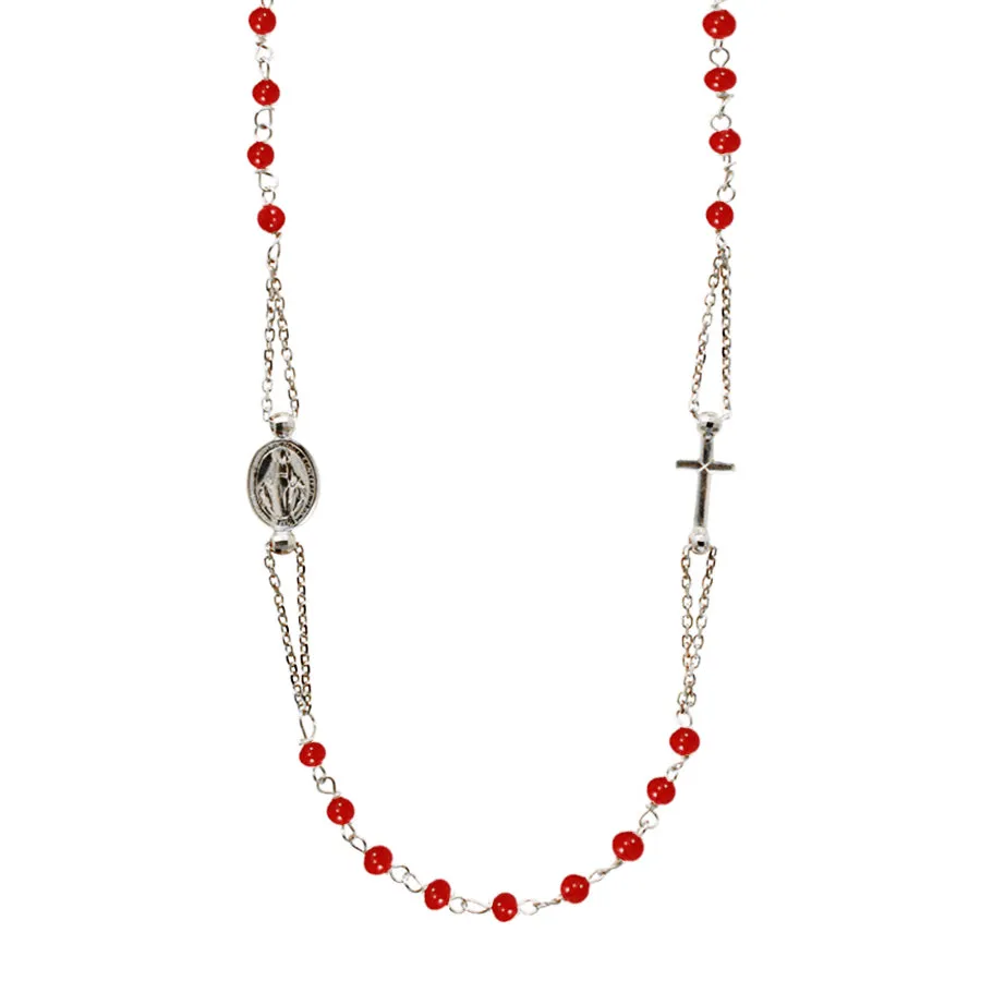 MIRACULOUS AND CROSS - CORAL NECKLACE - WHITE GOLD