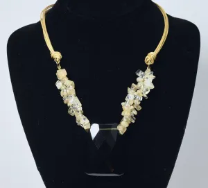 Multi-Strand Faux Golden Rutilated Quartz Nugget Bead Necklace with Faux Smoky Quartz Pendant