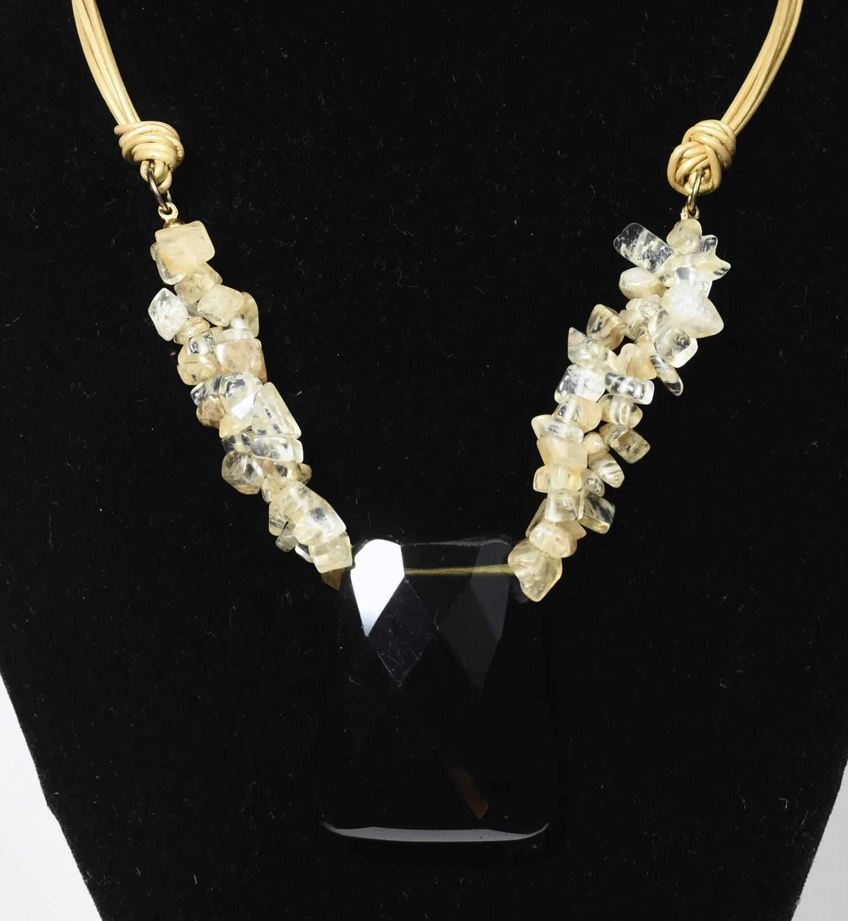 Multi-Strand Faux Golden Rutilated Quartz Nugget Bead Necklace with Faux Smoky Quartz Pendant