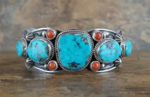 Native American Made Kingman Turquoise Red Coral and Sterling Silver Cuff Bracelet