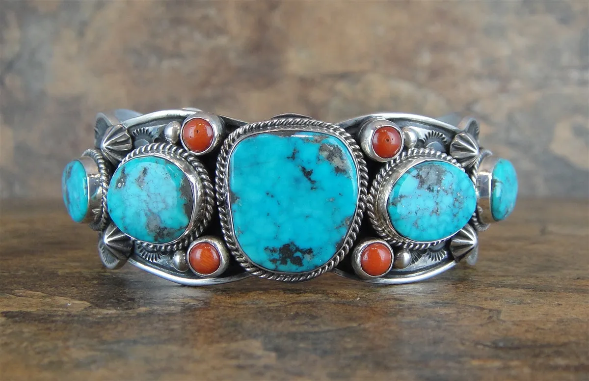 Native American Made Kingman Turquoise Red Coral and Sterling Silver Cuff Bracelet
