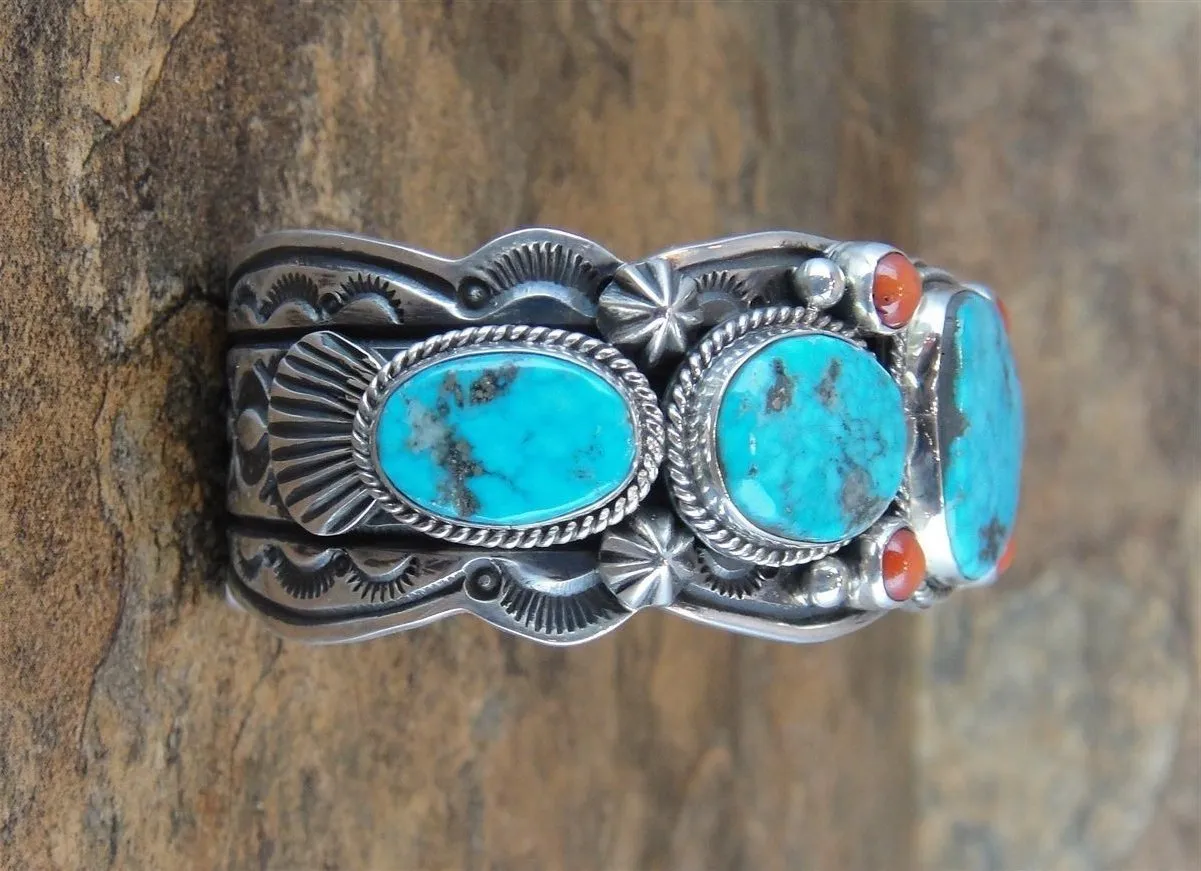 Native American Made Kingman Turquoise Red Coral and Sterling Silver Cuff Bracelet