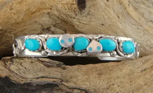 Native American Zuni Made Sterling Silver and Turquoise Cuff Bracelet by Effie Calavaza