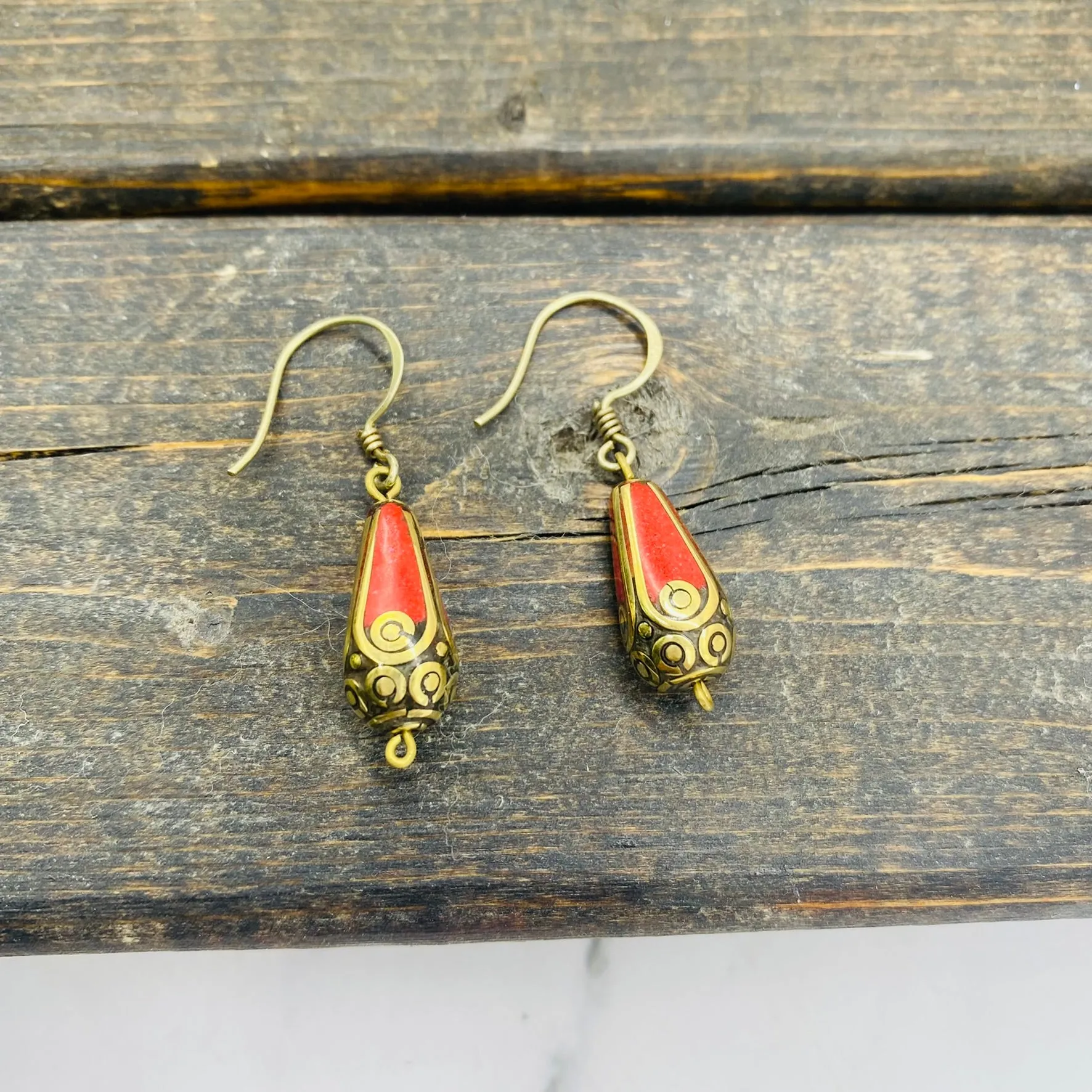 Nepali Turquoise and Coral Earring/ Tear Shaped/Simple Gemstone Earring/Simple Earring/Small Dangle Earring/Boho/Hippie Jewelry