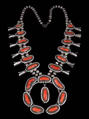 Old Vintage Sterling Silver Natural Coral Squash Blossom Necklace
