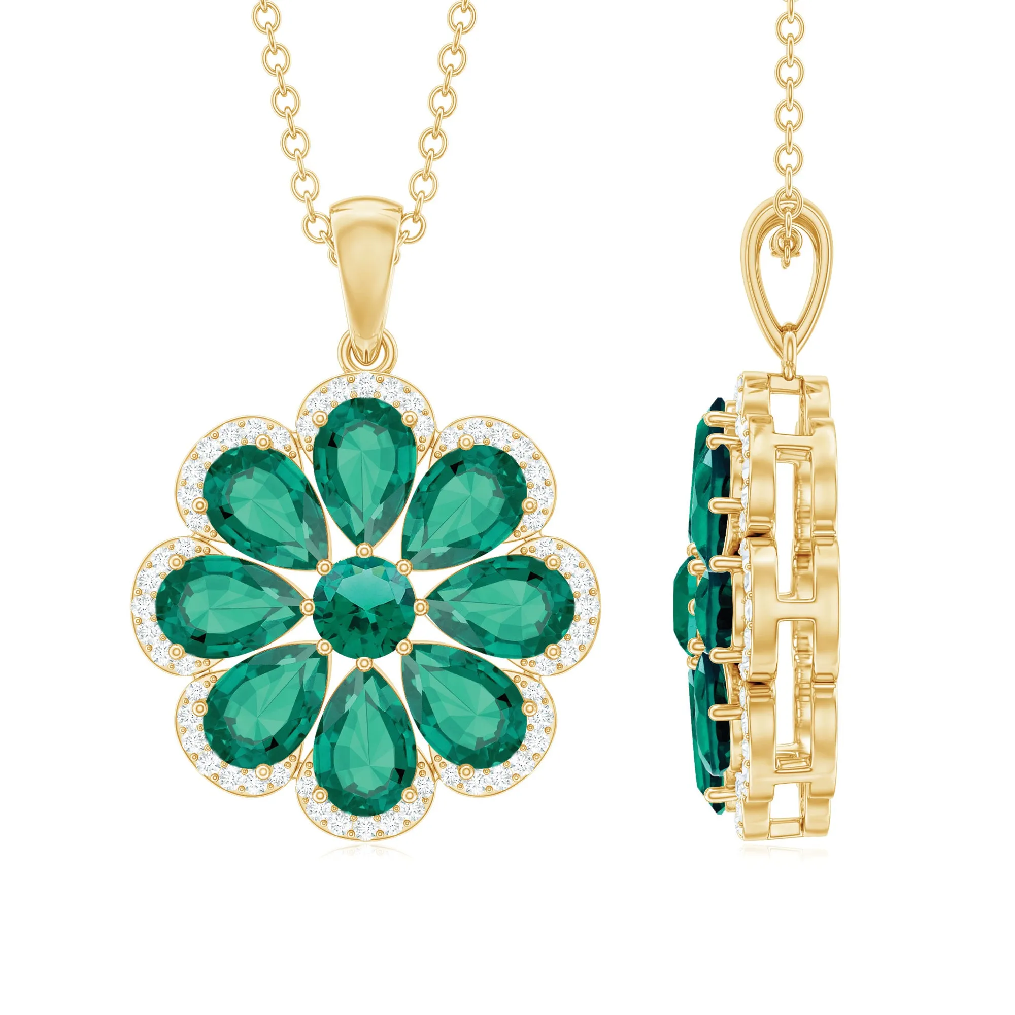Pear Shape Created Emerald Flower Pendant with Moissanite