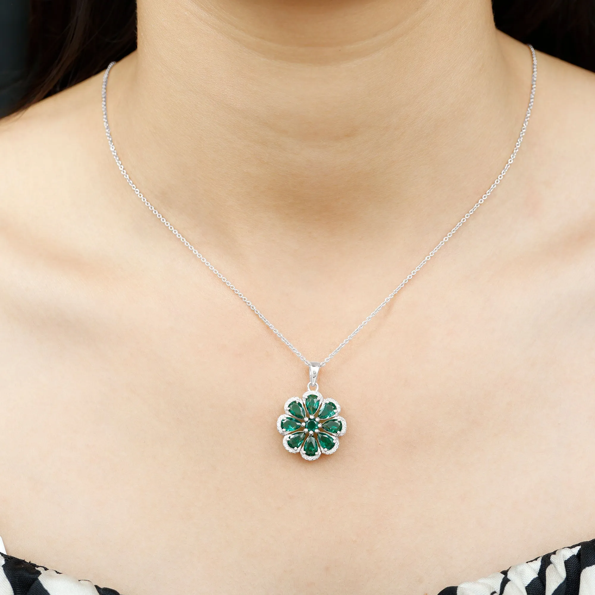 Pear Shape Created Emerald Flower Pendant with Moissanite