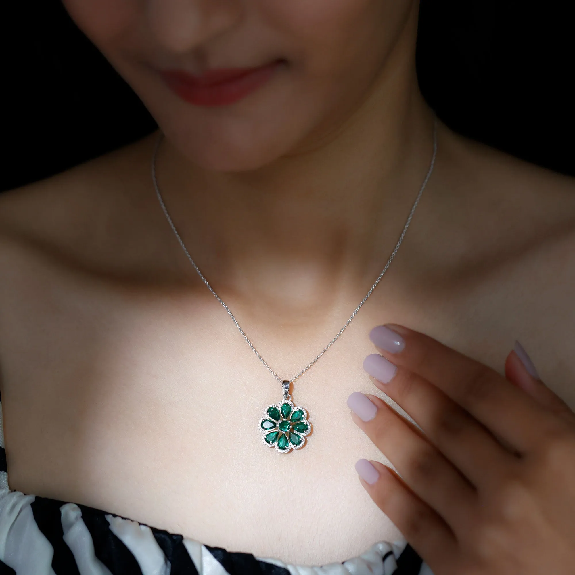 Pear Shape Created Emerald Flower Pendant with Moissanite
