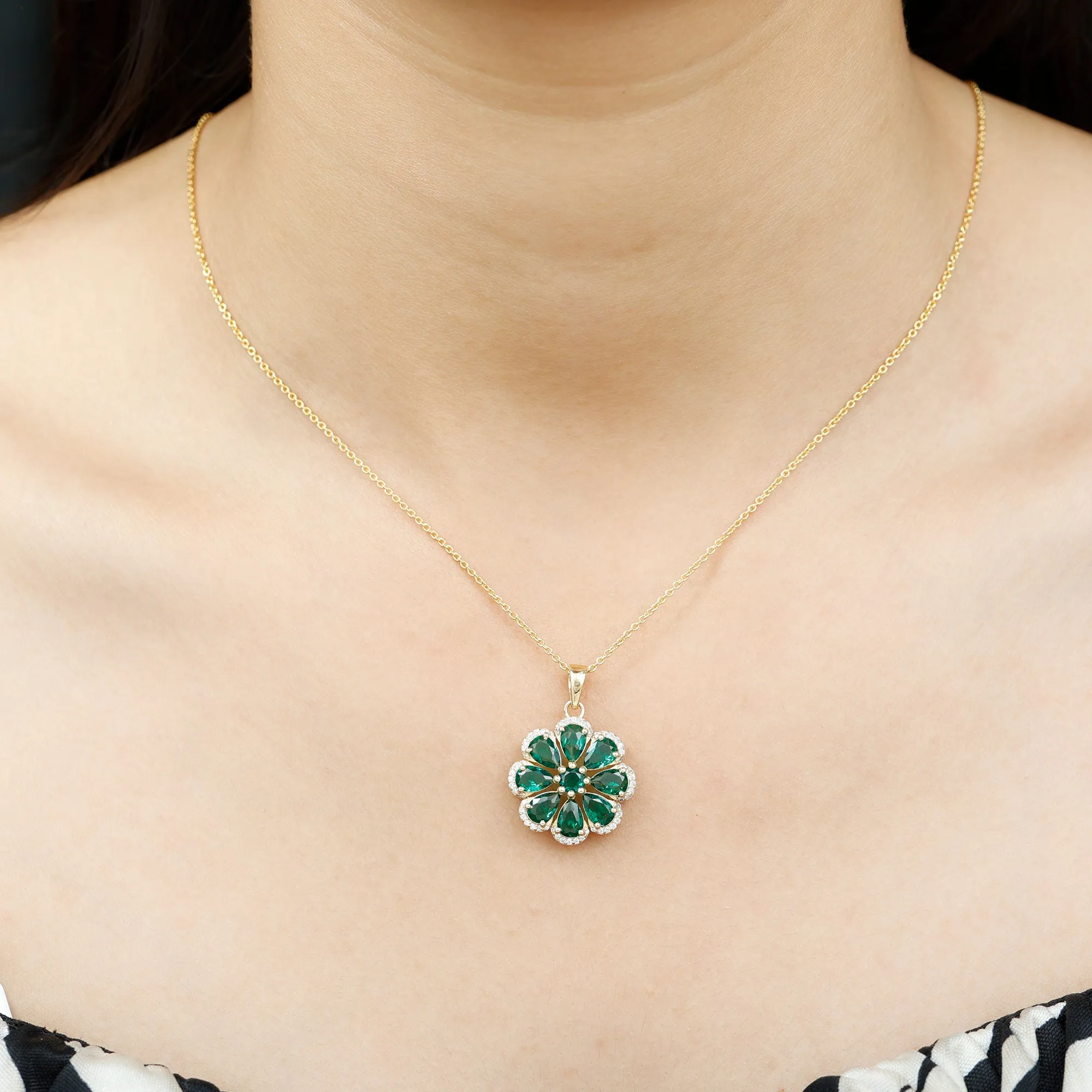Pear Shape Created Emerald Flower Pendant with Moissanite