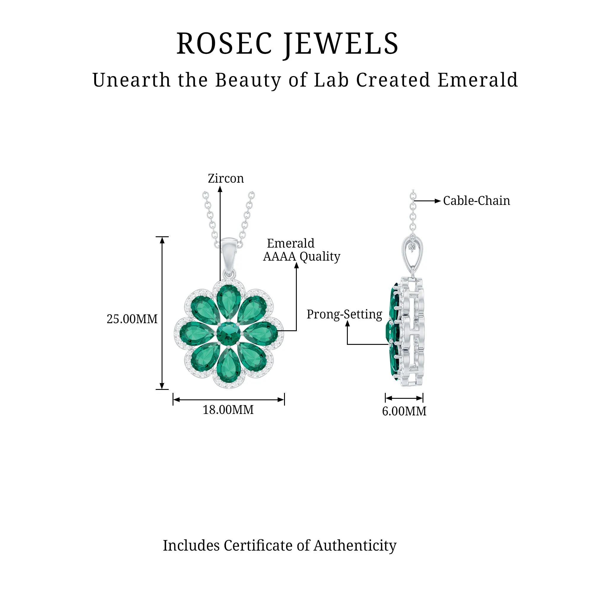 Pear Shape Created Emerald Flower Pendant with Moissanite