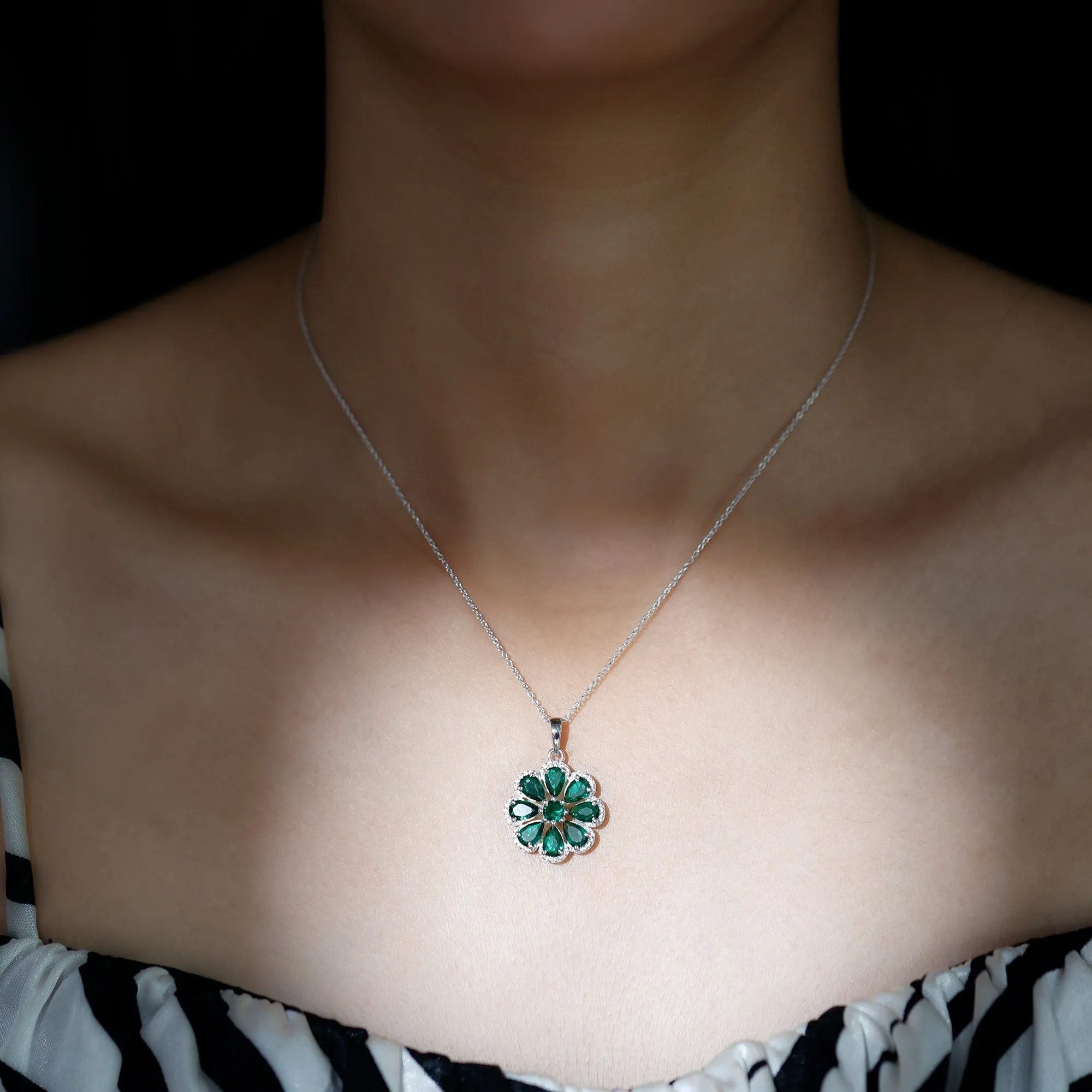 Pear Shape Created Emerald Flower Pendant with Moissanite