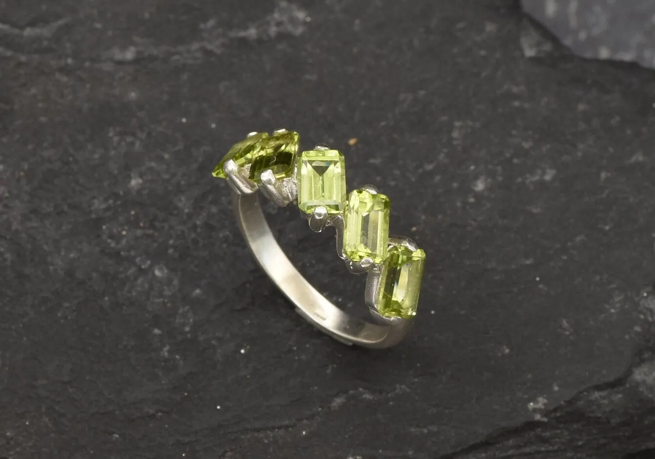 Peridot Baguette Ring - Green Gemstone Ring - August Birthstone Ring