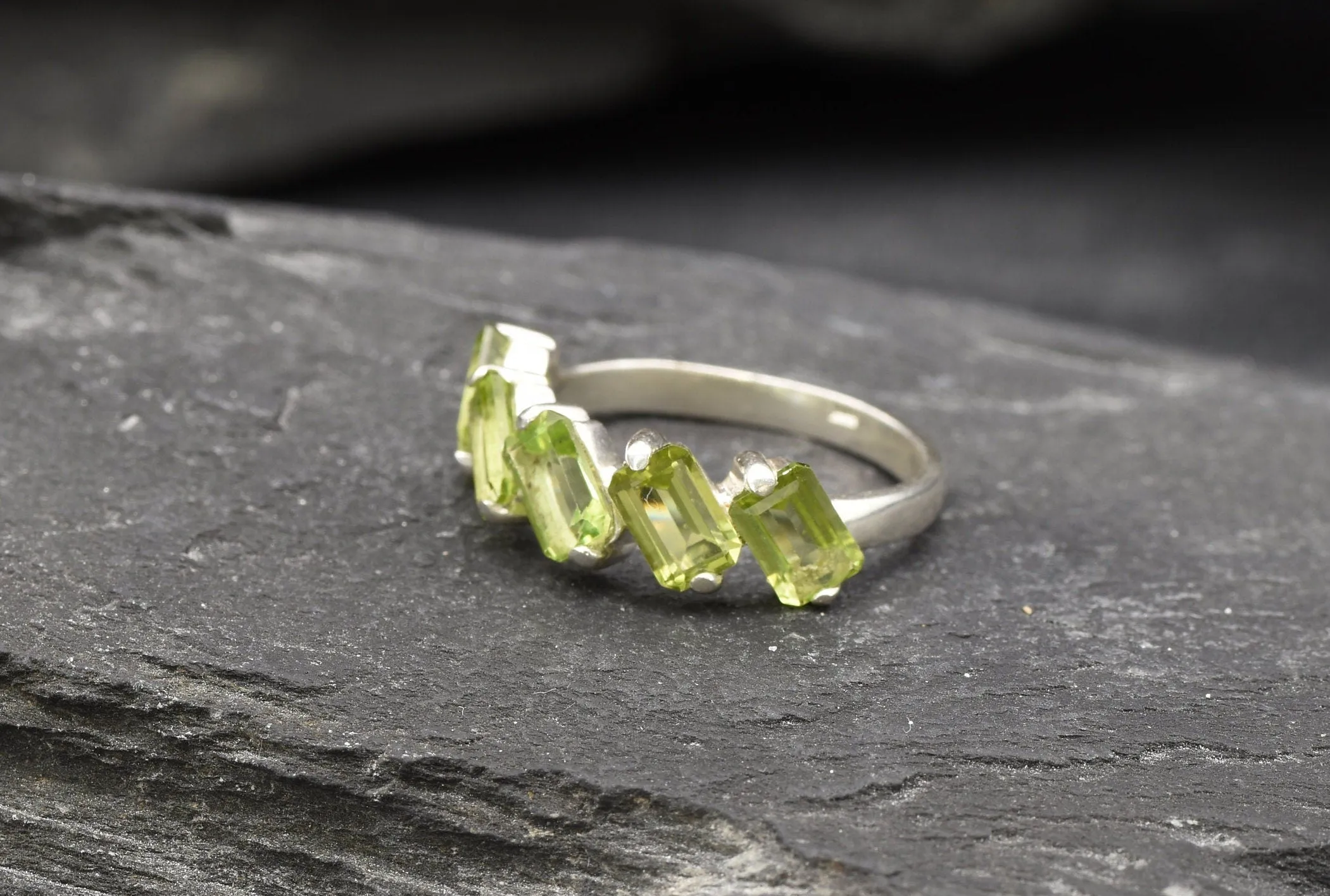 Peridot Baguette Ring - Green Gemstone Ring - August Birthstone Ring