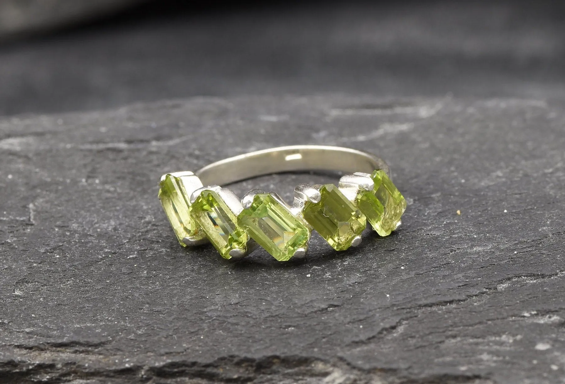 Peridot Baguette Ring - Green Gemstone Ring - August Birthstone Ring
