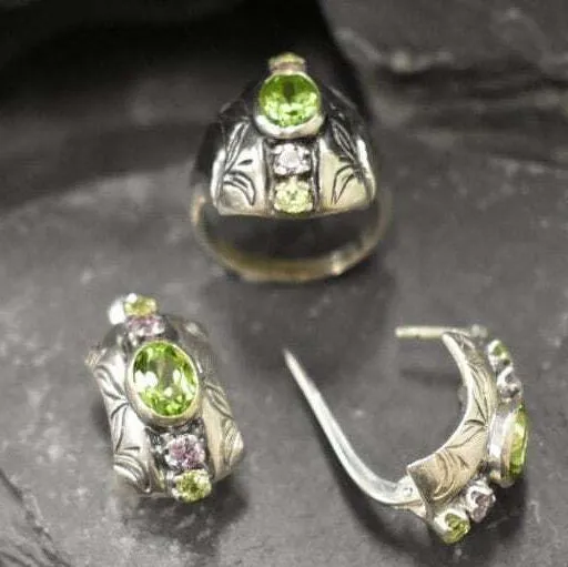Peridot Ring - Tribal Multistone Ring - Bezel Cocktail Ring